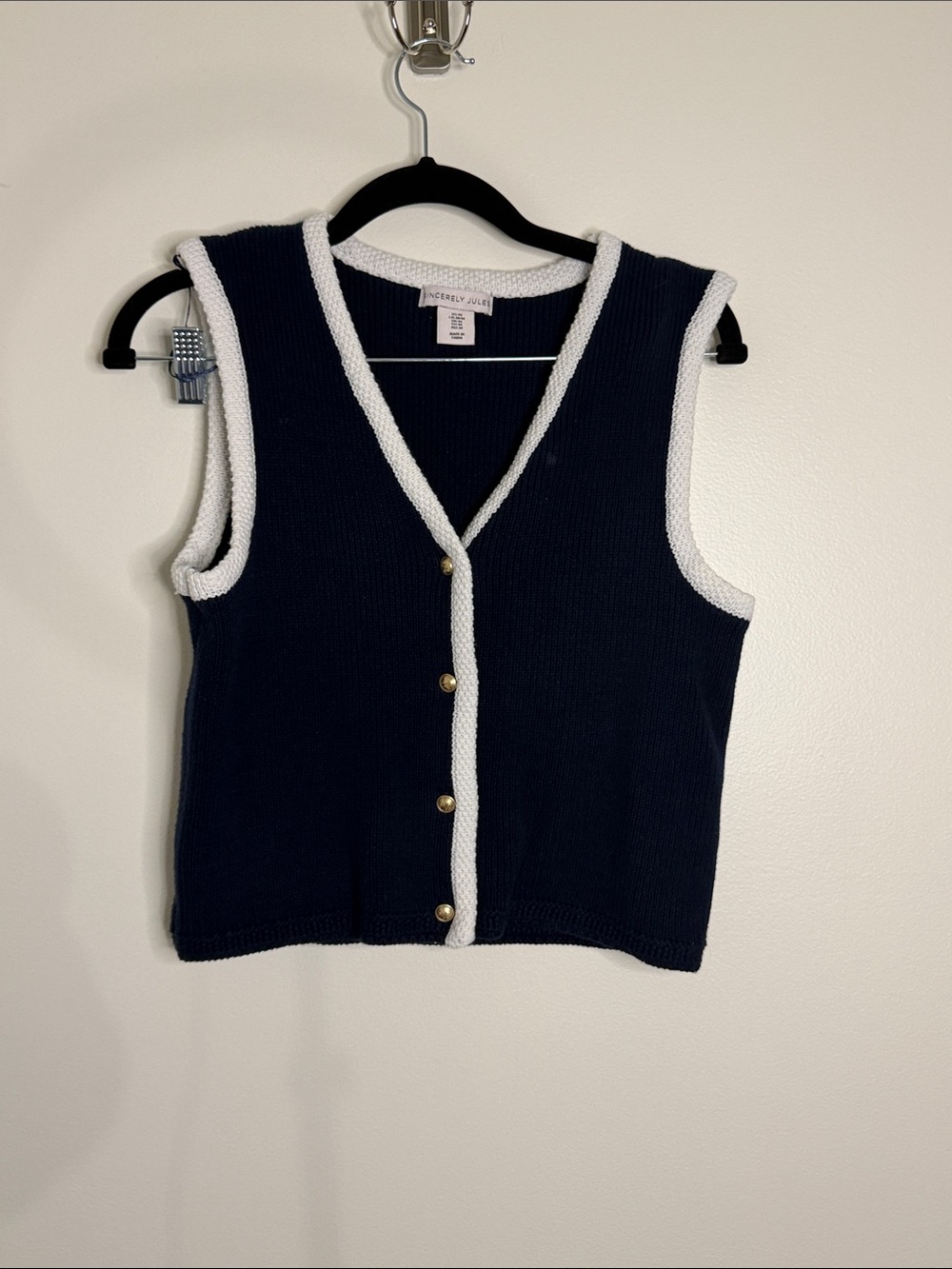 Sincerely Jules Navy Knit Vest with White Trim and Gold Buttons Medium